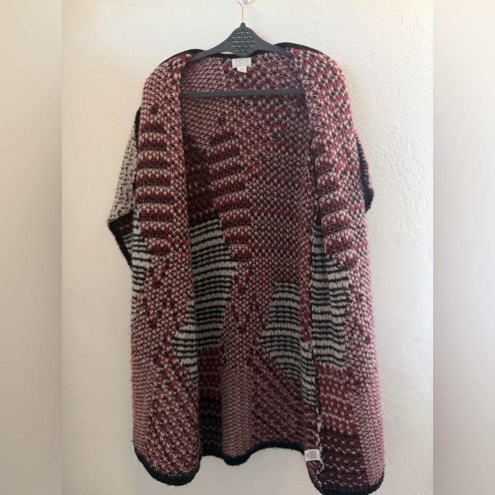 Caslon Wool Blend Patchwork Open Front Cardigan Sweater Medium Burgundy black - Picture 10 of 10
